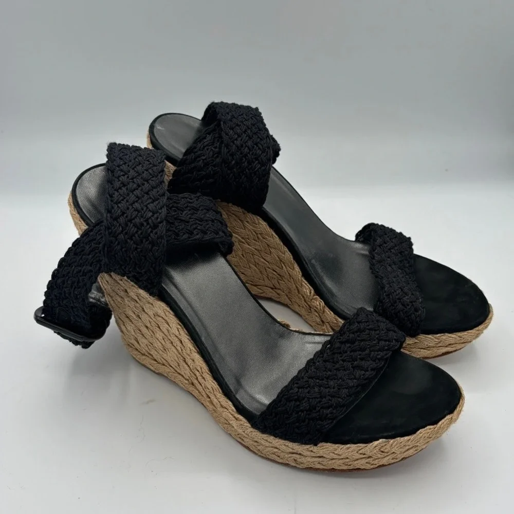 Stuart Weitzman Alex Wedge Sandals 9M Black Jute Espadrille Braided Strap Heels - Picture 3 of 10